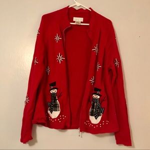CHRISTMAS SNOWMAN red knit sweater with beading